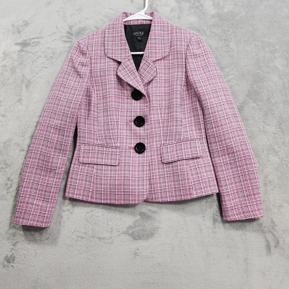 Kasper Blazer Womens 2P PETITE Pink Plaid Tweed 3 Button Lined Office Jacket